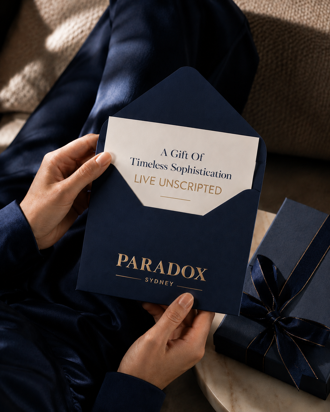 A person in navy blue loungewear holds an open navy envelope with a white insert card reading 'A Gift Of Timeless Sophistication LIVE UNSCRIPTED' and 'PARADOX SYDNEY' printed in gold. A navy gift box with a ribbon sits beside them on a light surface.